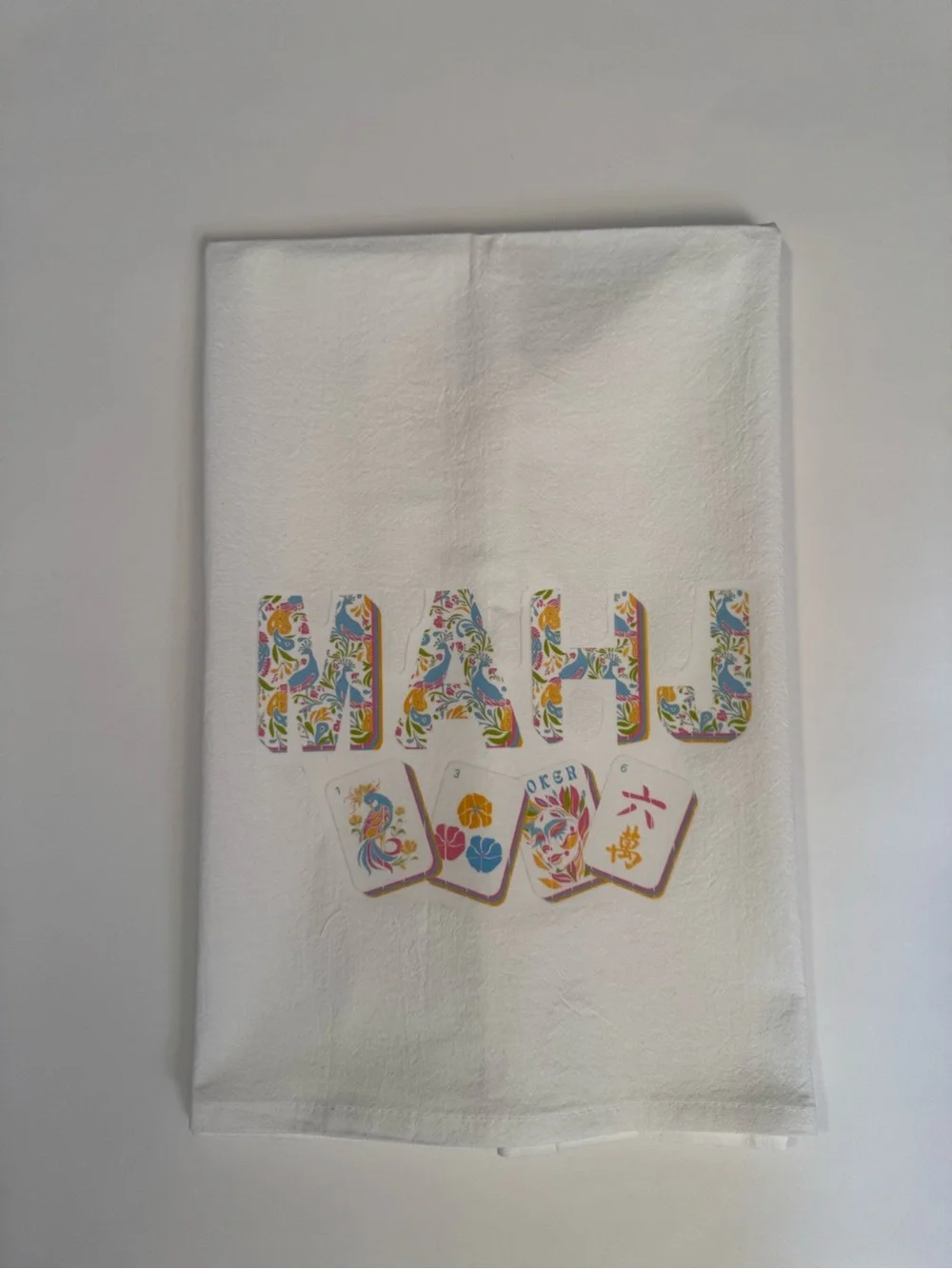 Mahjong Mahj Decorative White Tea Towel with Colorful Mahjong Motif